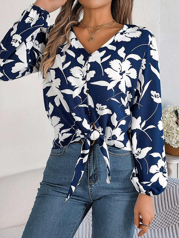 Long Sleeves Loose Buttoned Elasticity Flower Print Tied V-Neck Blouses&Shirts Tops