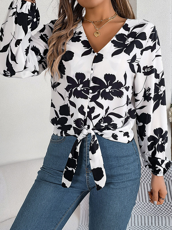 Long Sleeves Loose Buttoned Elasticity Flower Print Tied V-Neck Blouses&Shirts Tops