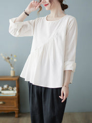 Casual Loose Long Sleeves Solid Color Round-Neck T-Shirts Tops