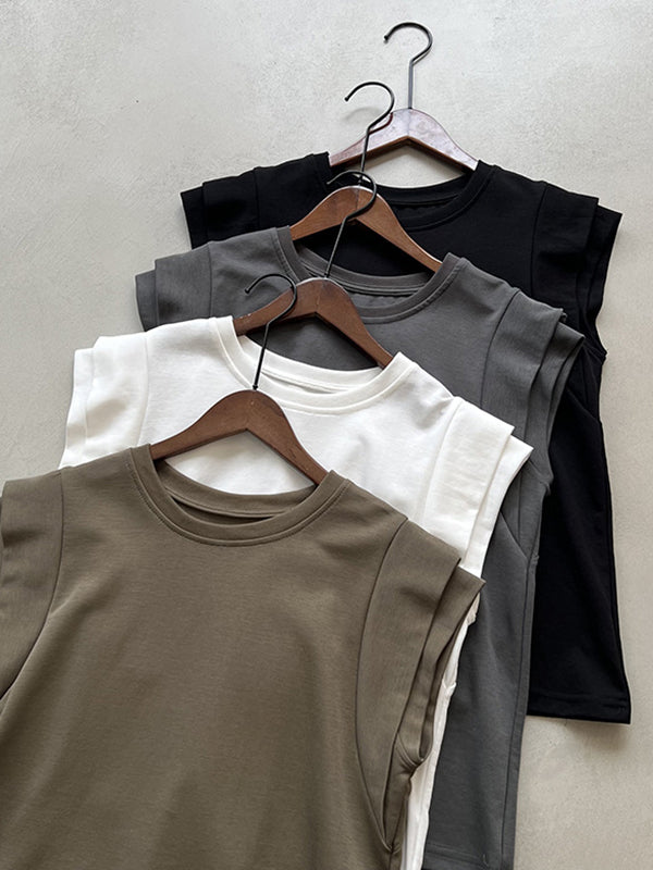 Loose Sleeveless Split-Joint Round-Neck T-Shirts Tops