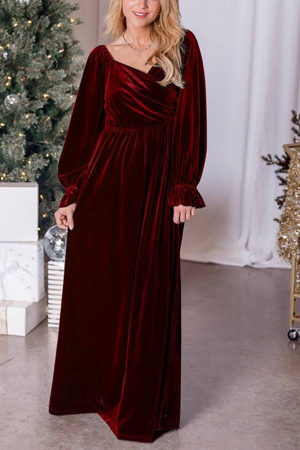 Holiday Magic Velvet Emerald Ruched Maxi Dress