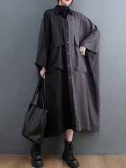 Casual Long Sleeves Loose Buttoned Contrast Color Split-Joint Lapel Collar Midi Dresses