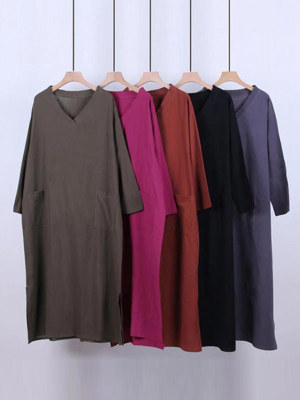 A-Line Long Sleeves Pockets Solid Color Split-Side V-Neck Maxi Dresses