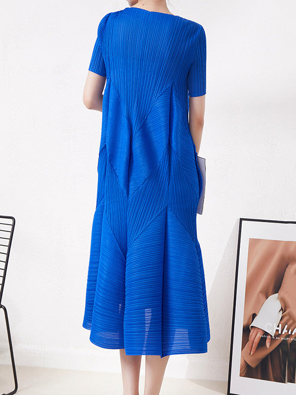 Casual Short Sleeves Pleated Solid Color Round-Neck Midi Dresses