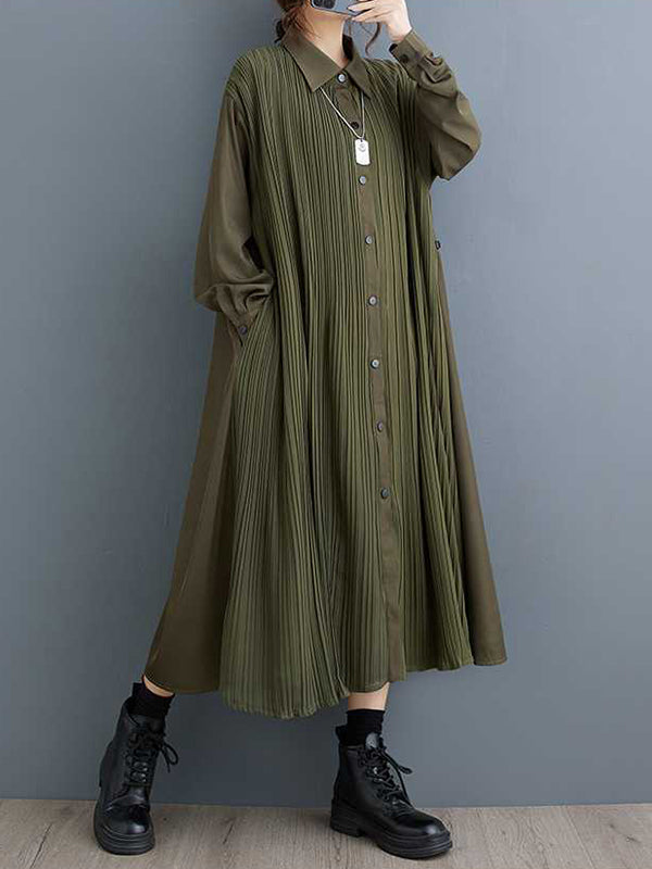 A-Line Long Sleeves Buttoned Pleated Pockets Split-Joint Lapel Midi Dresses Shirt Dress