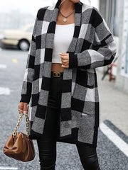 Long Sleeves Loose Contrast Color Plaid Cardigan Coats