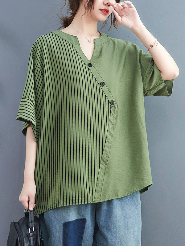 Simple Loose Asymmetric Striped V-Neck Blouse