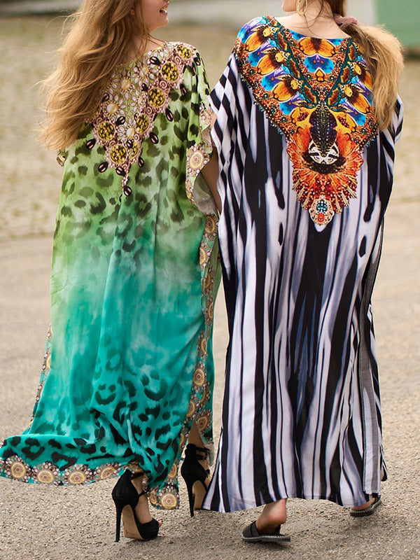 Batwing Sleeves Loose Leopard Printed Split-Side V-Neck Beach Cover-Up Maxi Dresses