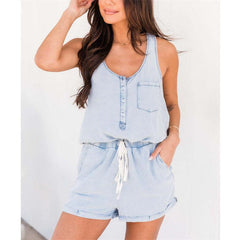 V-Neck Sleeveless Denim Jumpsuit Shorts