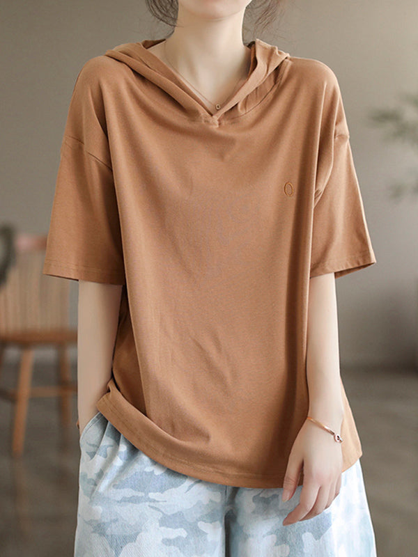 Short Sleeves Hooded Solid Color Hooded T-Shirts Tops