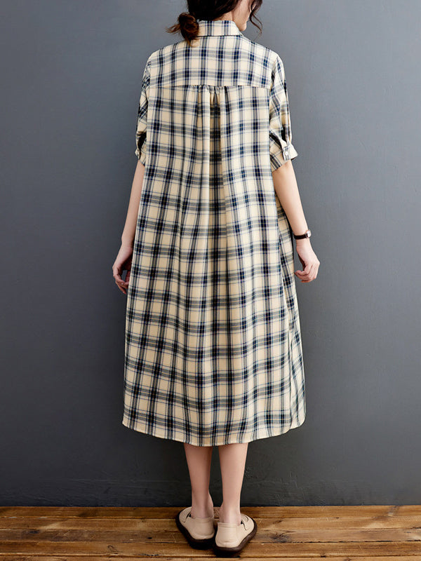 Half Sleeves Loose Plaid Lapel Midi Dresses