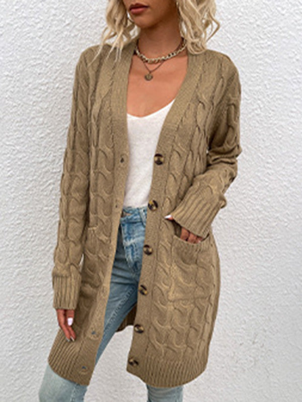 Urban Simple Loose Buttoned Solid Color Jacquard Cardigan Coat