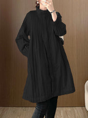 Long Sleeves Loose Pleated Quilted Solid Color Zipper Asymmetric Collar Padded Coat