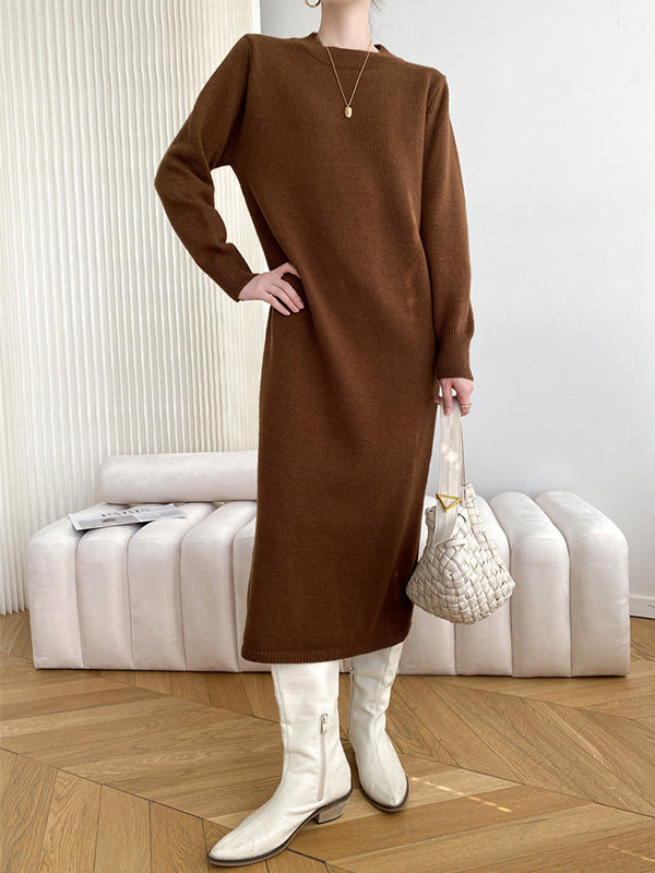 Urban Loose Long Sleeves Solid Color Round-Neck Sweater Dresses