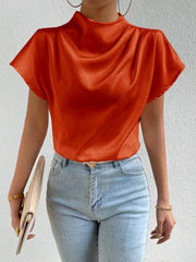 Loose Short Sleeves Pleated Solid Color Mock Neck T-Shirts Tops