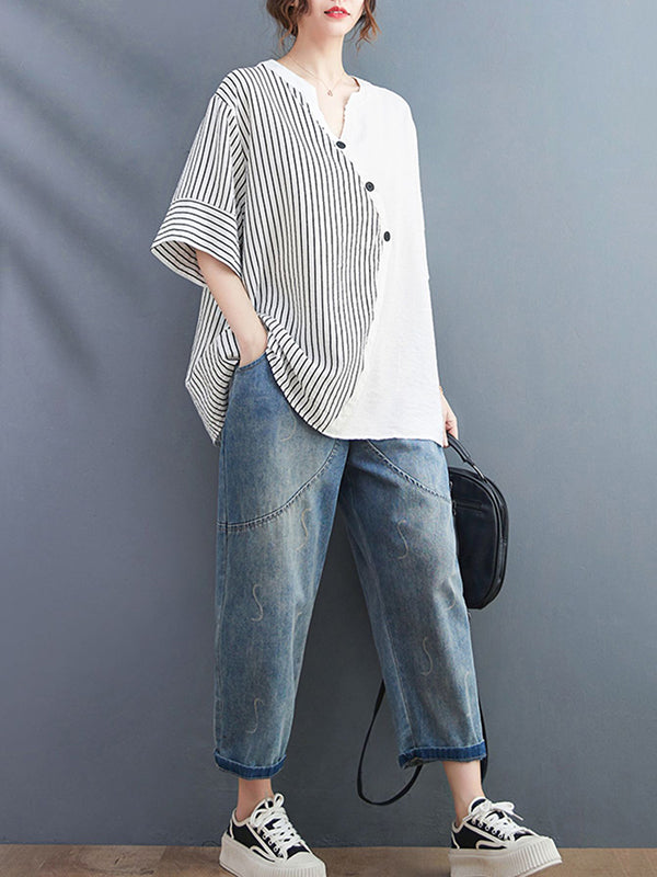 Simple Loose Asymmetric Striped V-Neck Blouse