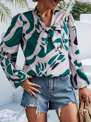 Bishop Sleeve Long Sleeves Elasticity Printed Tied V-Neck Blouses&Shirts Tops