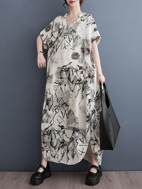 Irregular Clipping Loose Printed V-Neck Maxi Dresses