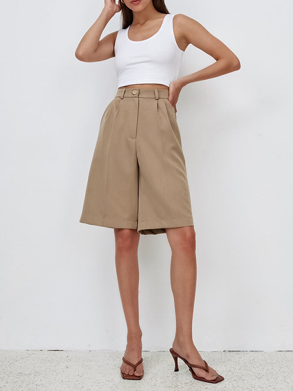 High Waisted Loose Pleated Solid Color Split-Joint Half Pants Shorts Bottoms