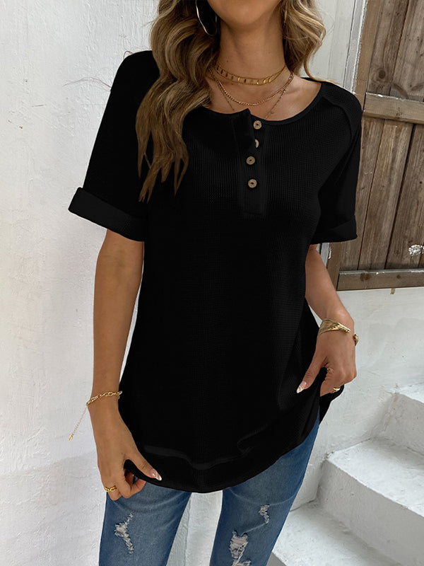 Loose Short Sleeves Buttoned Solid Color Split-Joint V-Neck T-Shirts Tops