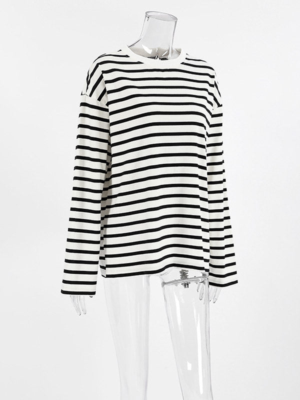 Long Sleeves Loose Contrast Color Striped Round-Neck T-Shirts Tops