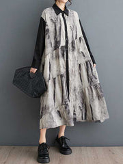 A-Line Long Sleeves Buttoned Printed Split-Joint Wash Painting Lapel Midi Dresses Shirt Dress