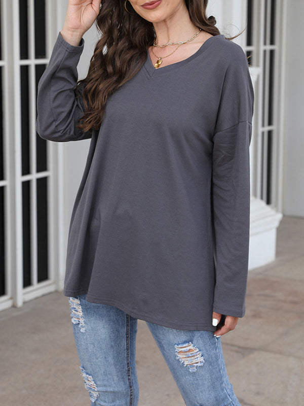 Long Sleeves Loose See-Through Solid Color Split-Joint V-Neck T-Shirts