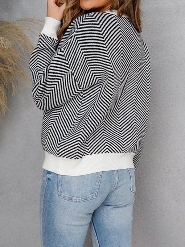 Long Sleeves Loose Striped Round-Neck Knitwear Pullovers Sweater Tops