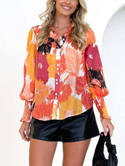 Printed V-neck Cardigan Lantern Sleeve Shirt Top