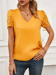 Loose Short Sleeves Hollow Solid Color Split-Joint V-Neck T-Shirts Tops