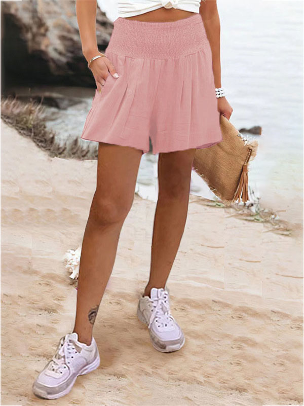 High Waisted Loose Elasticity Pleated Pockets Solid Color Split-Joint Shorts Bottoms