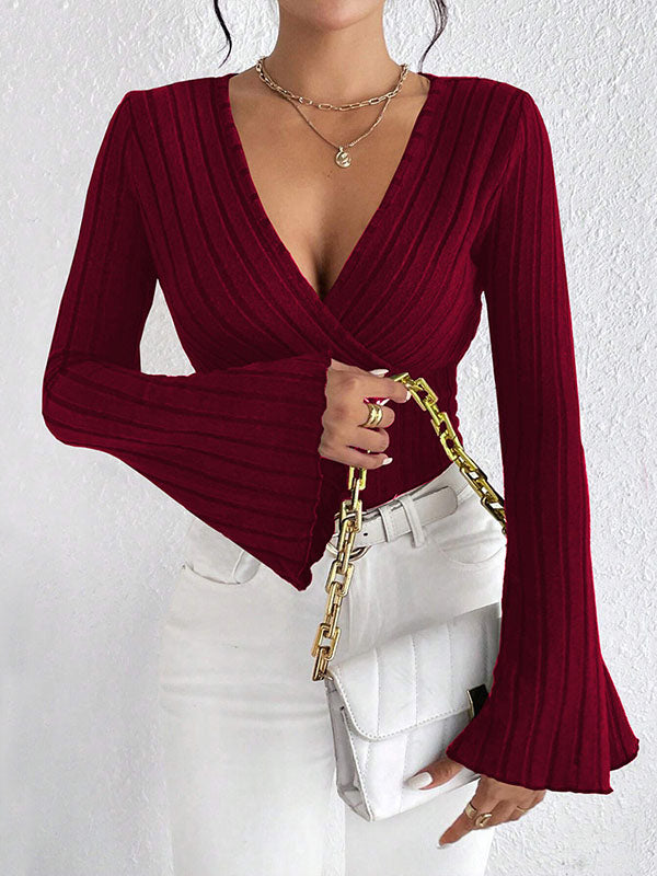 Flared Sleeves Long Sleeves Solid Color Split-Joint Deep V-Neck T-Shirts Tops