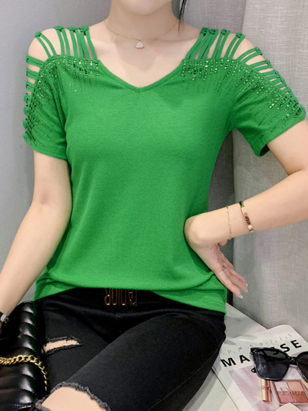 Loose Raglan Sleeve Hollow Rhine Stones Solid Color Split-Joint V-Neck T-Shirts Tops