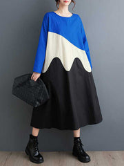 A-Line Long Sleeves Contrast Color Round-Neck Midi Dresses