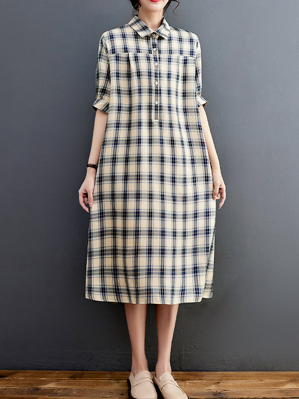 Half Sleeves Loose Plaid Lapel Midi Dresses