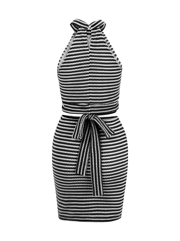 Bodycon Sleeveless Split-Joint Striped Tied Waist Halter-Neck Vest Top + Skirts Bottom Two Pieces Set