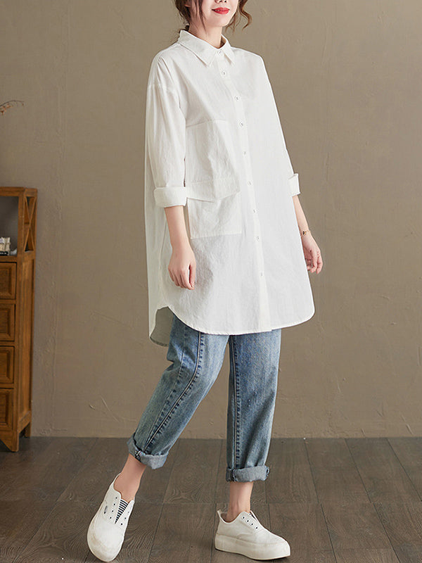 Simple Solid Buttoned Lapel Collar Long Sleeves Blouse