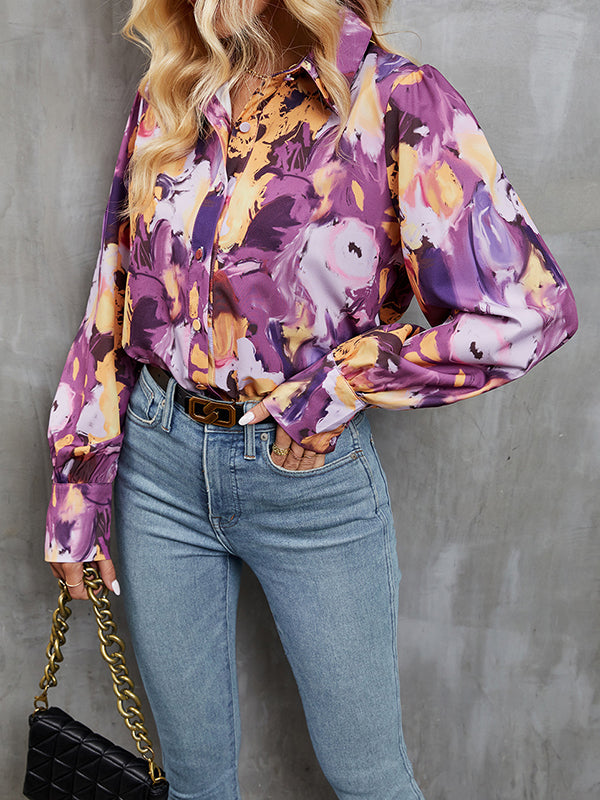 Long Sleeves Loose Buttoned Printed Split-Joint Lapel Blouses&Shirts Tops