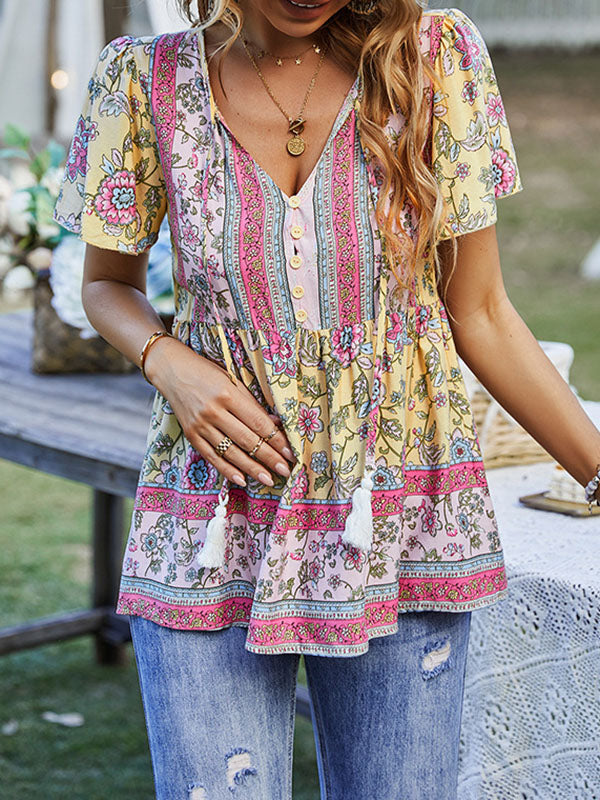 Loose Short Sleeves Buttoned Flower Print Split-Joint Tasseled Tied V-Neck T-Shirts Tops