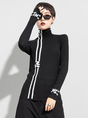 Black Printed High-Neck Long Sleeve T-Shirt