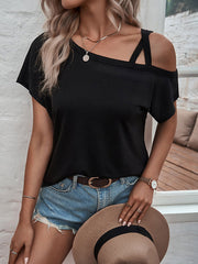 Loose Short Sleeves Asymmetric Solid Color Cold Shoulder T-Shirts