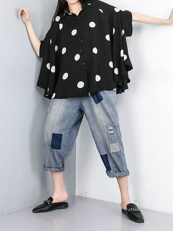 Batwing Sleeves High-Low Polka-Dot Lapel Blouses&Shirts Tops