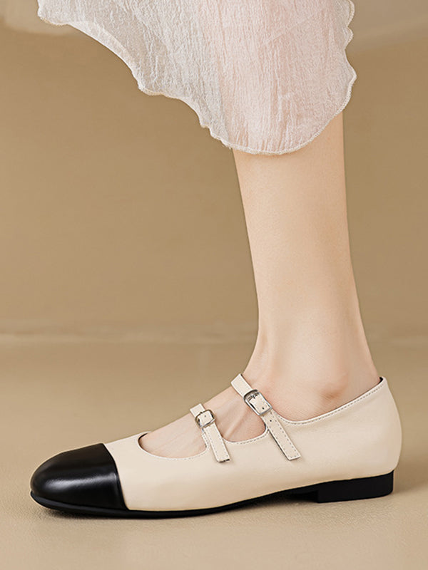 Belt Buckle Round-Toe Split-Joint Flat Shoes Mary Janes