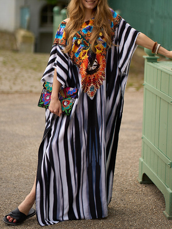 Batwing Sleeves Loose Printed Split-Side Striped V-Neck Beach Cover-Up Maxi Dresses