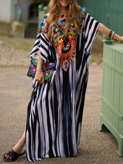 Batwing Sleeves Loose Printed Split-Side Striped V-Neck Beach Cover-Up Maxi Dresses