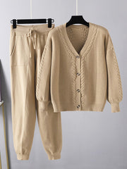 Casual Loose Solid Color Long Sleeves V-Neck Cardigan Tops& Drawstring Pants Suits