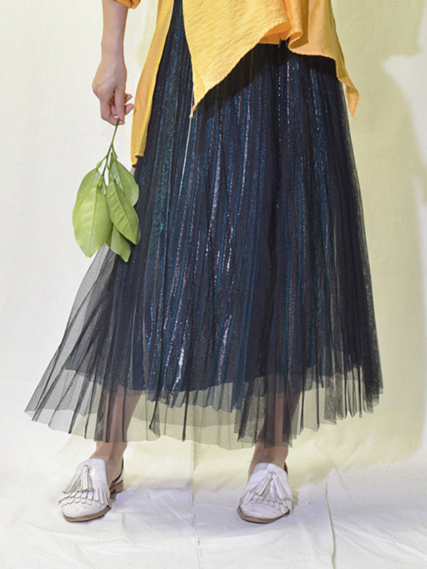 Urban A-Line Elastic Waist Mesh Pleated Skirts