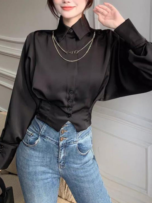 Batwing Sleeves Loose Pleated Split-Joint Lapel Blouses