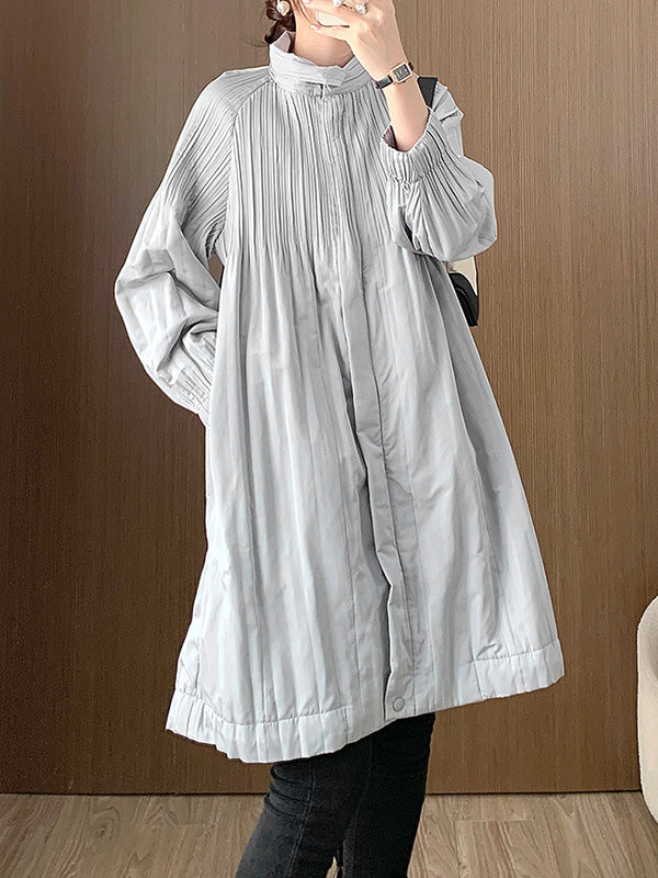 Long Sleeves Loose Pleated Quilted Solid Color Zipper Asymmetric Collar Padded Coat