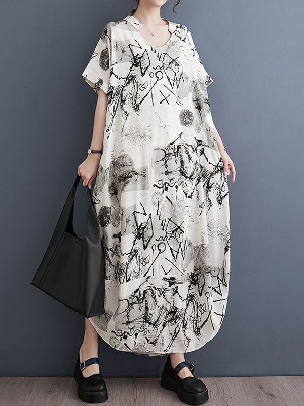 Irregular Clipping Loose Printed V-Neck Maxi Dresses